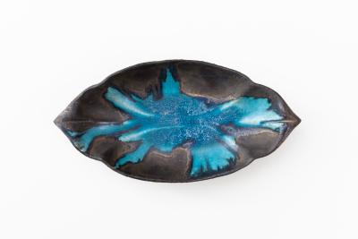 蓮楕円鉢 青黒