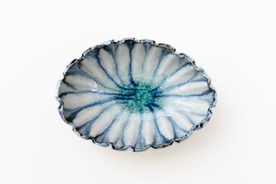 灰釉呉須 輪花楕円小鉢
