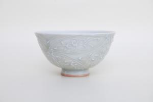 灰青釉 花七宝 飯碗